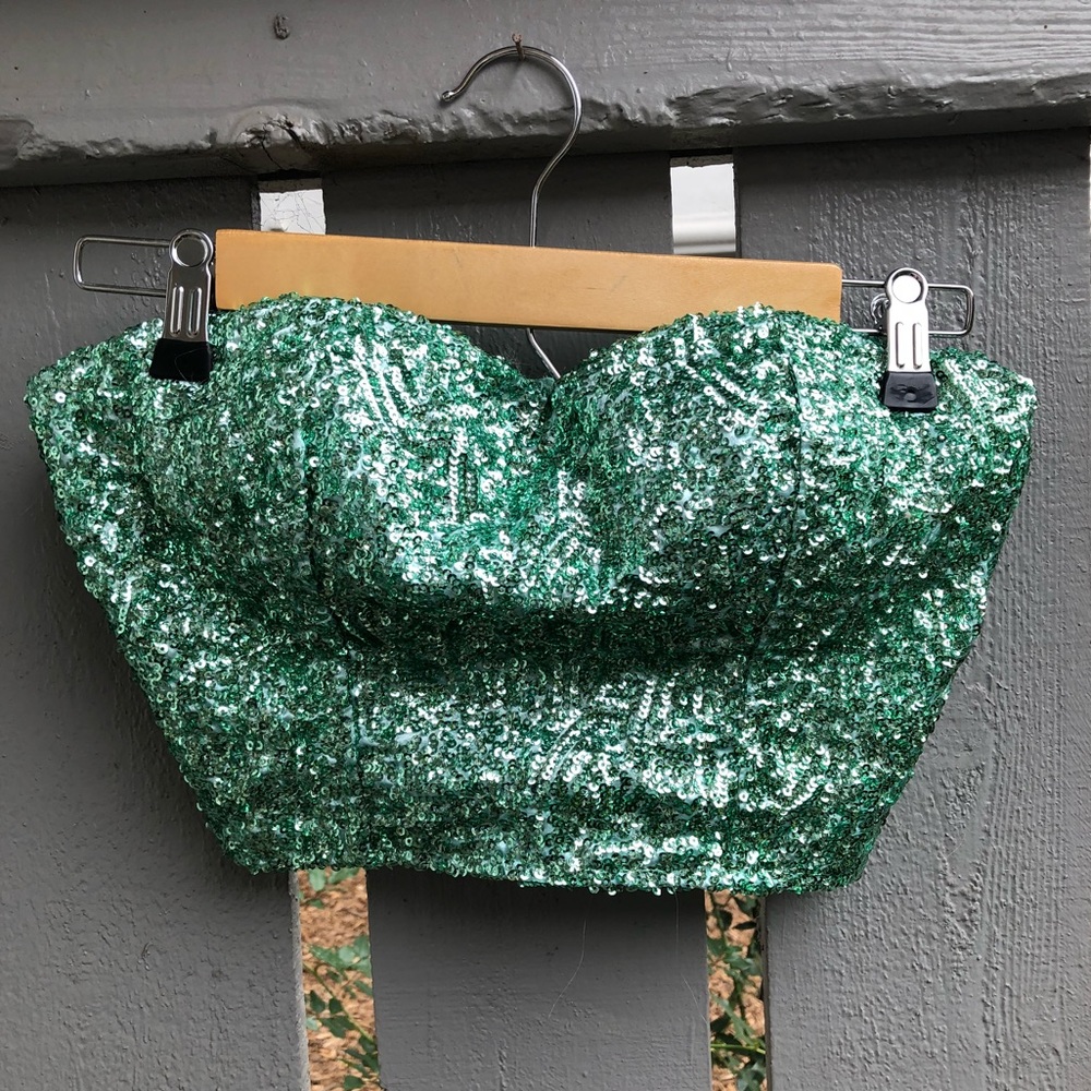 Teal strapless sequin crop top